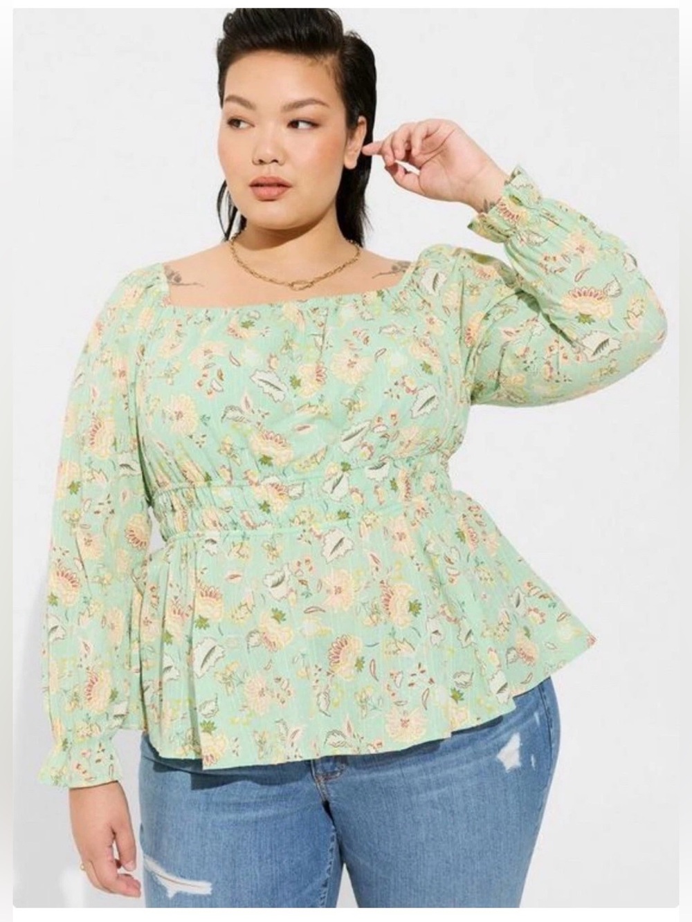 Torrid Mint Green Yellow Floral Clip Dot Blouson Sleeve Smocked Blouse 3X Peplum